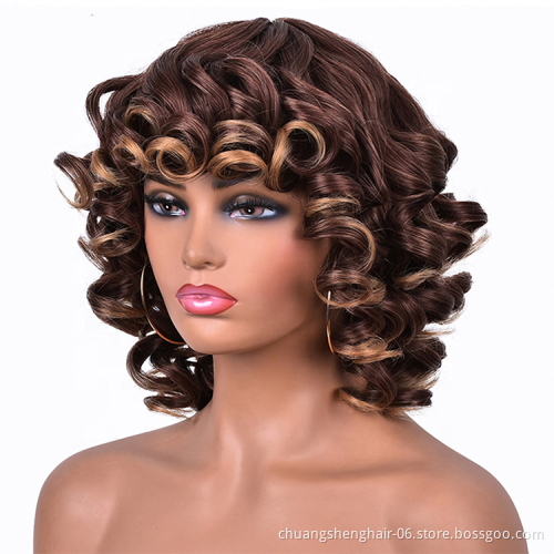 Wholesale curly wig with bangs for black women african omber glueless cosplay high temperature short wigs wave synthetic wig